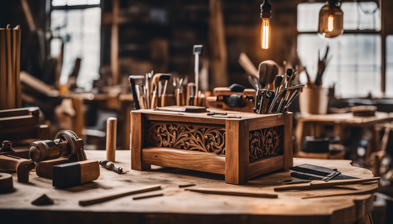 An intricately designed wooden furniture piece in a workshop with carpentry tools.