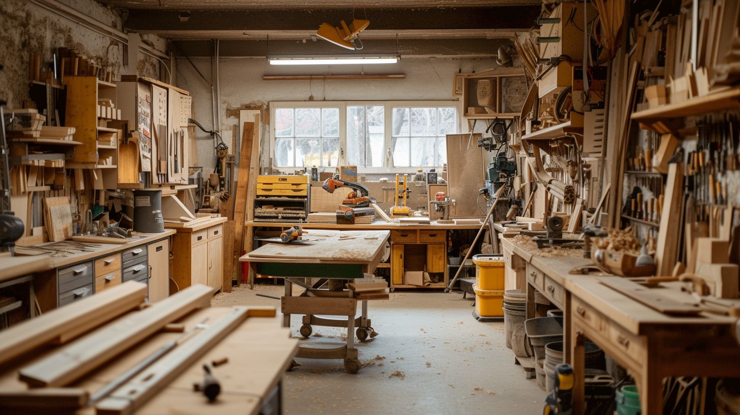 A woodworking workshop with tools and projects in progress.