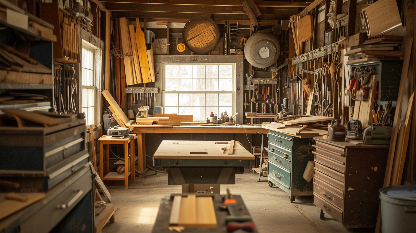 A woodworking workshop with tools and projects in progress.