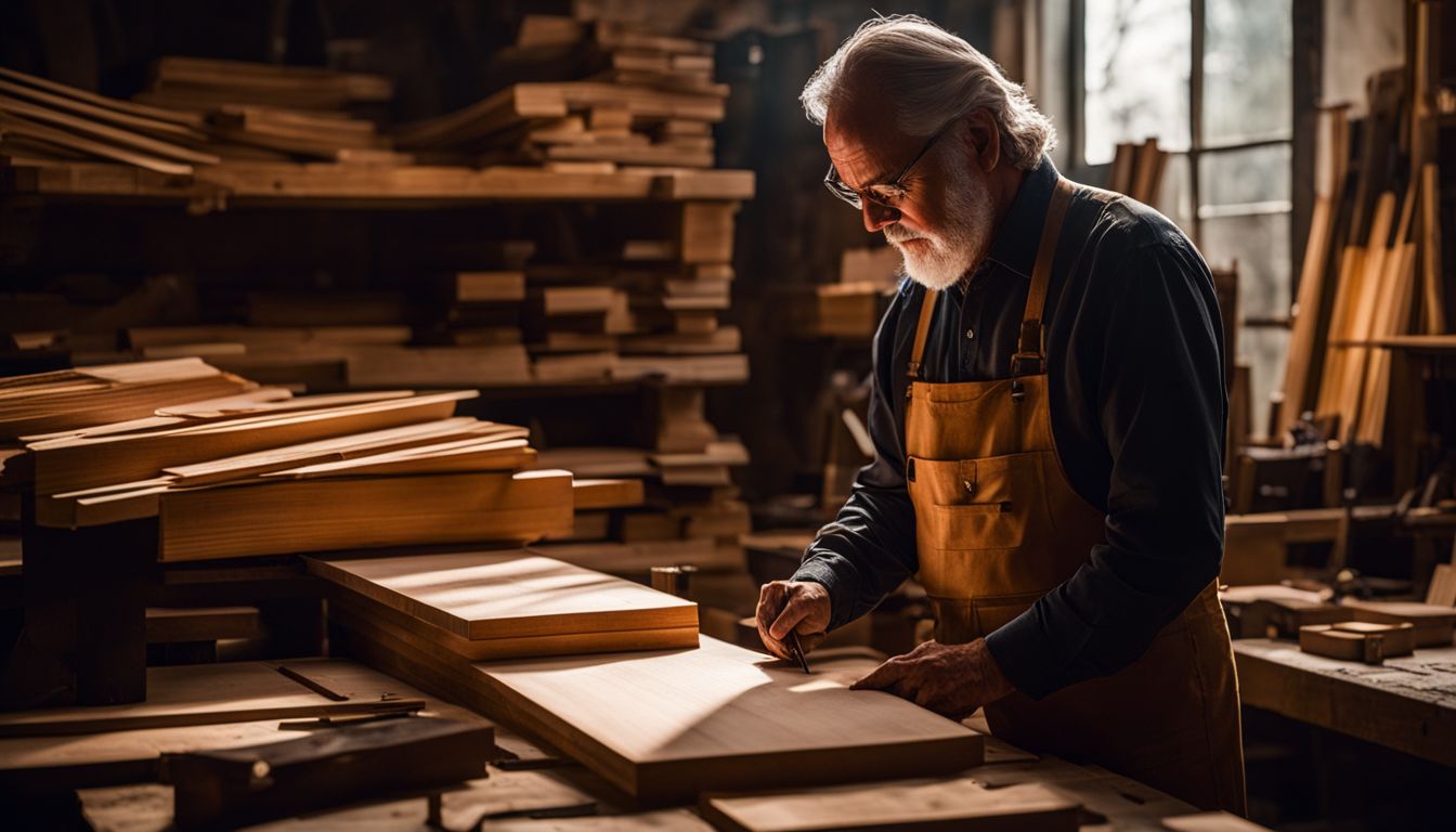 An experienced woodworking craftsman reviewing plans in a busy workshop.