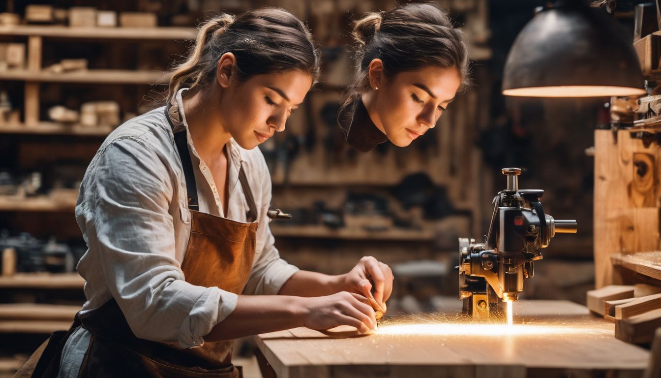 Craftsman creating wooden furniture in a busy, well-lit workshop.